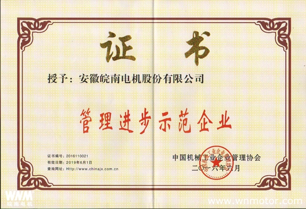 皖南電機(jī)再次榮獲 “全國機(jī)械工業(yè)管理進(jìn)步示范企業(yè)”稱號(hào)